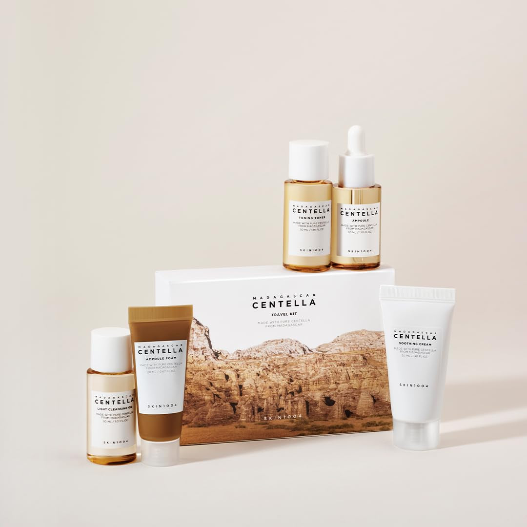 Madagascar Centella Travel Kit, Toner, Ampoule, Soothing Cream, Cleansing Oil, Ampoule Foam, Basic Skincare Box, Compact Size, Gift Sets, Mothers Day Gifts for Mom Gifts for Women, Trial Kit