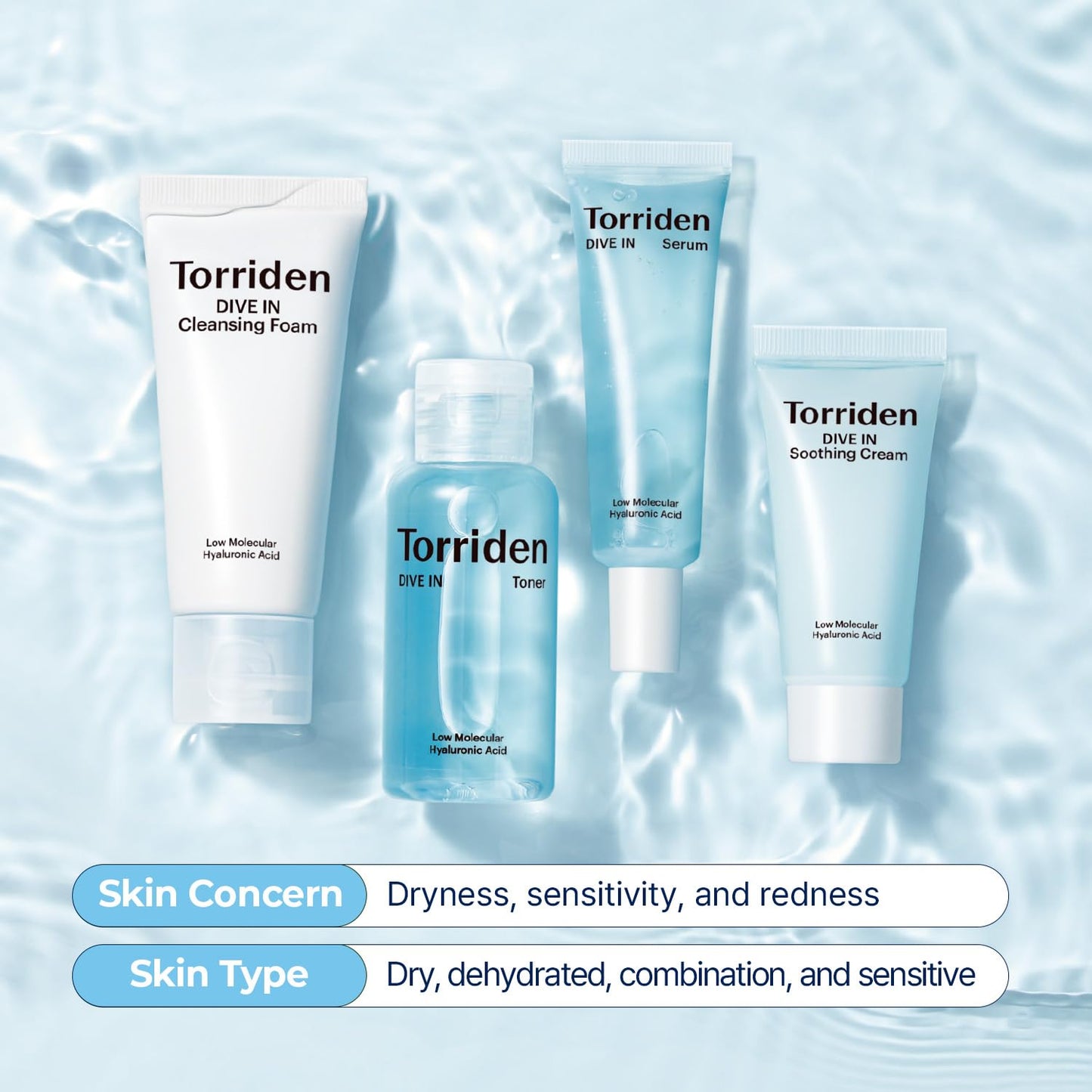 DIVE in Trial Kit | Hyaluronic Acid Infused Daily Skincare Kit - 4 Step Regimen with Foam Cleanser, Facial Toner, Serum, and Cream | Korean Skin Care Travel Kit, Travel Essential