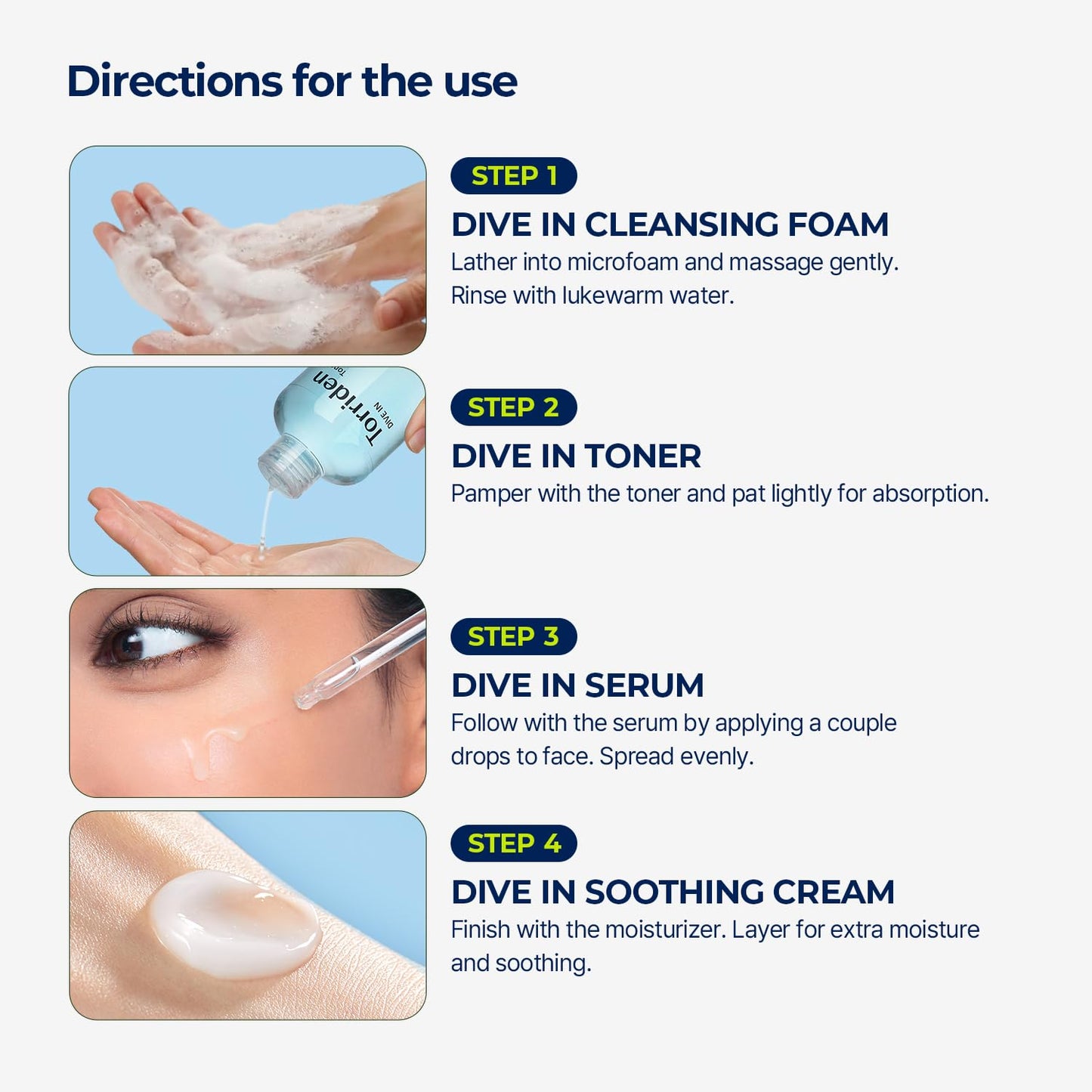 DIVE in Trial Kit | Hyaluronic Acid Infused Daily Skincare Kit - 4 Step Regimen with Foam Cleanser, Facial Toner, Serum, and Cream | Korean Skin Care Travel Kit, Travel Essential