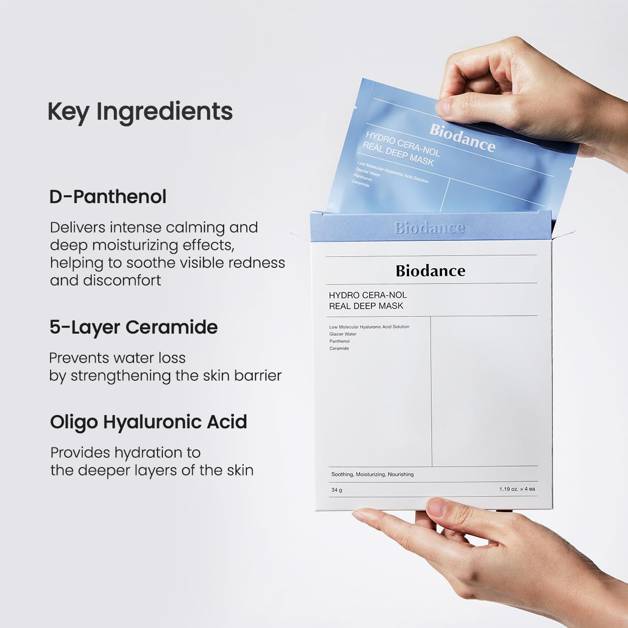Hydro Cera-Nol Real Deep Mask, Overnight Hydrogel Mask, Hydrating Facial Mask for Sensitive Skin, Redness Reducing & Quick Soothing Effect, 1.19Oz(34G) X 4Ea