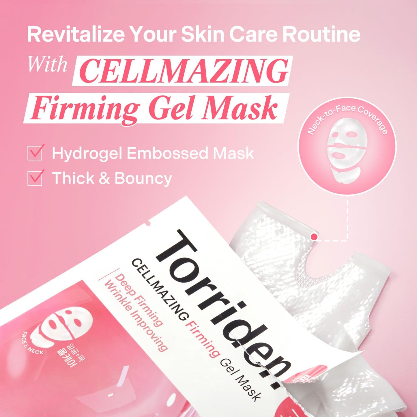 Torriden CELLMAZING Collagen Firming Gel Facial & Neck Sheet Mask (pack of 4) | Covering Neck Mask | 5D Collagen Complex, Amino Acid Complex, Peptide