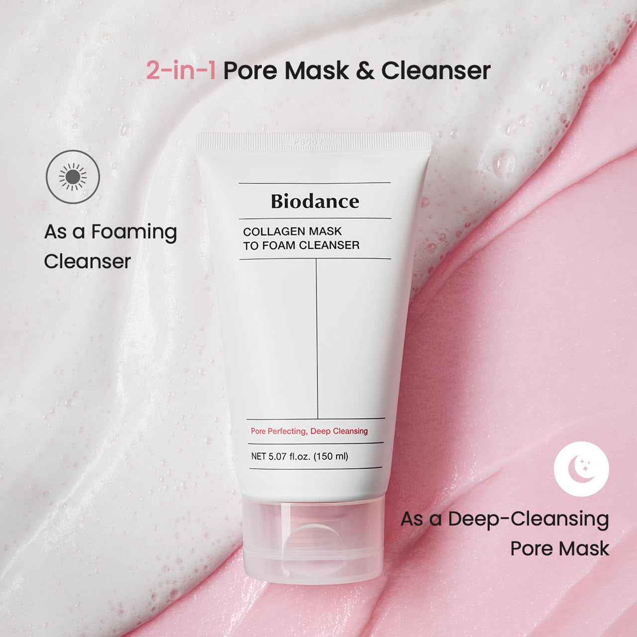 Collagen Mask to Foam Cleanser, Face Wash for Women, 2-In-1 Pore Mask and Hydrating Foaming Facial Cleanser for Sensitive Skin, Oily Skin, 5.07 Fl. Oz. (150 Ml)