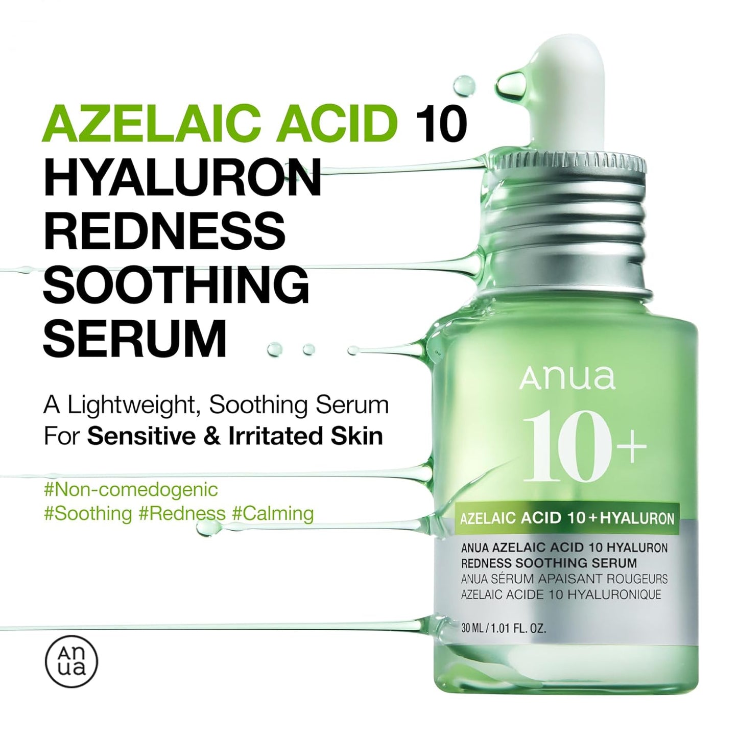 Azelaic Acid 10 Hyaluron Redness Soothing Serum, Facial Serum for Sensitive Skin, Hyaluronic Acid, Niacinamide, Spot Care, Natural Color, Vegan, Korean Skincare (30Ml/ 1.01 Fl Oz.)