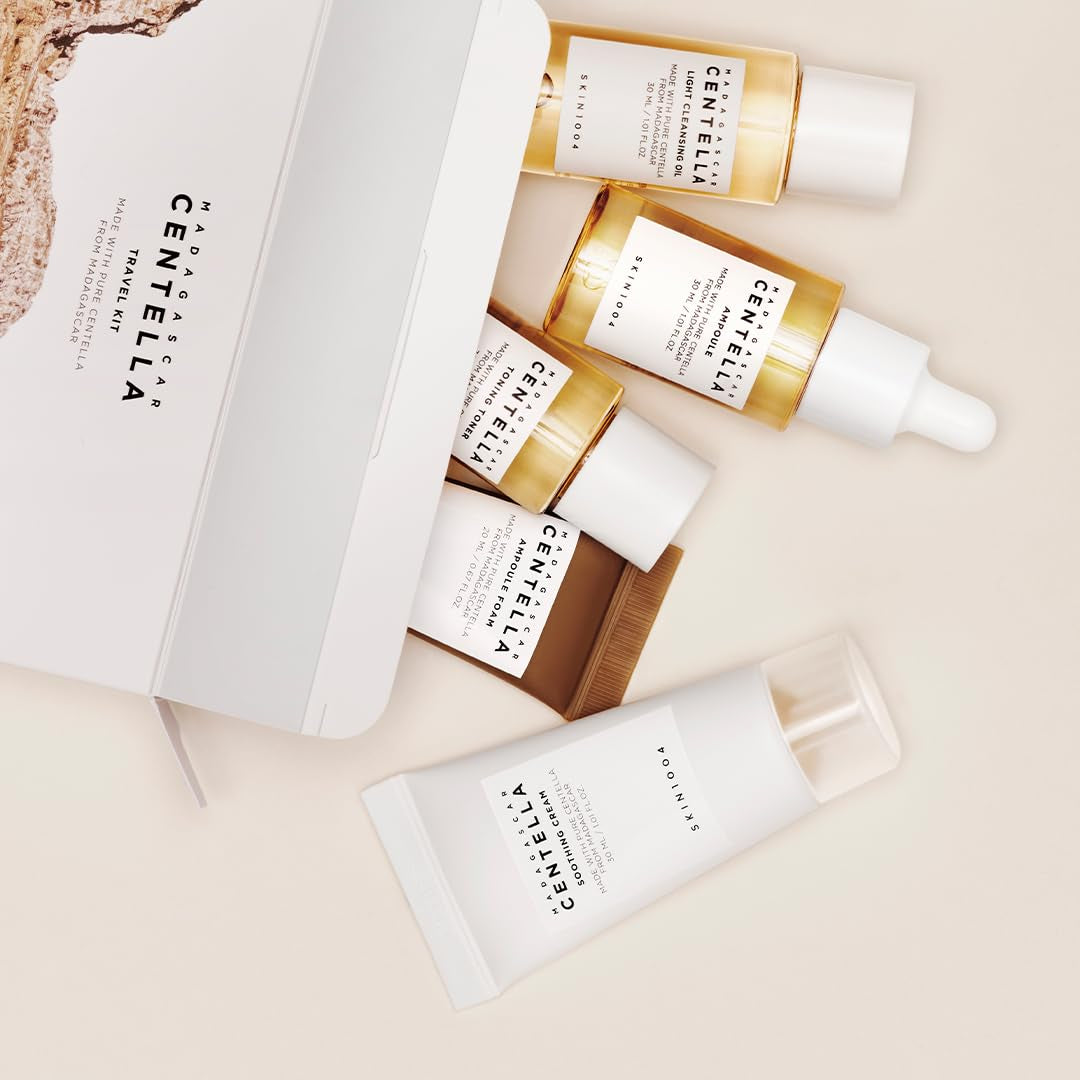 Madagascar Centella Travel Kit, Toner, Ampoule, Soothing Cream, Cleansing Oil, Ampoule Foam, Basic Skincare Box, Compact Size, Gift Sets, Mothers Day Gifts for Mom Gifts for Women, Trial Kit