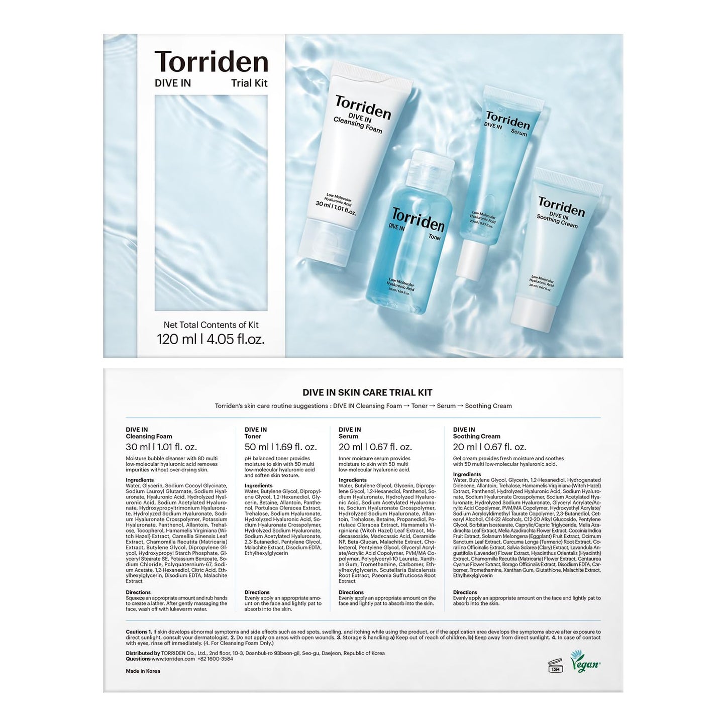 DIVE in Trial Kit | Hyaluronic Acid Infused Daily Skincare Kit - 4 Step Regimen with Foam Cleanser, Facial Toner, Serum, and Cream | Korean Skin Care Travel Kit, Travel Essential