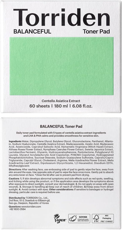 BALANCEFUL Toner Pad (60 Pads) | Daily Exfoliating Pads with PHA & LHA for Oily, Combo, and Sensitive Skin | 5D CICA, Panthenol