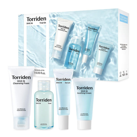 DIVE in Trial Kit | Hyaluronic Acid Infused Daily Skincare Kit - 4 Step Regimen with Foam Cleanser, Facial Toner, Serum, and Cream | Korean Skin Care Travel Kit, Travel Essential