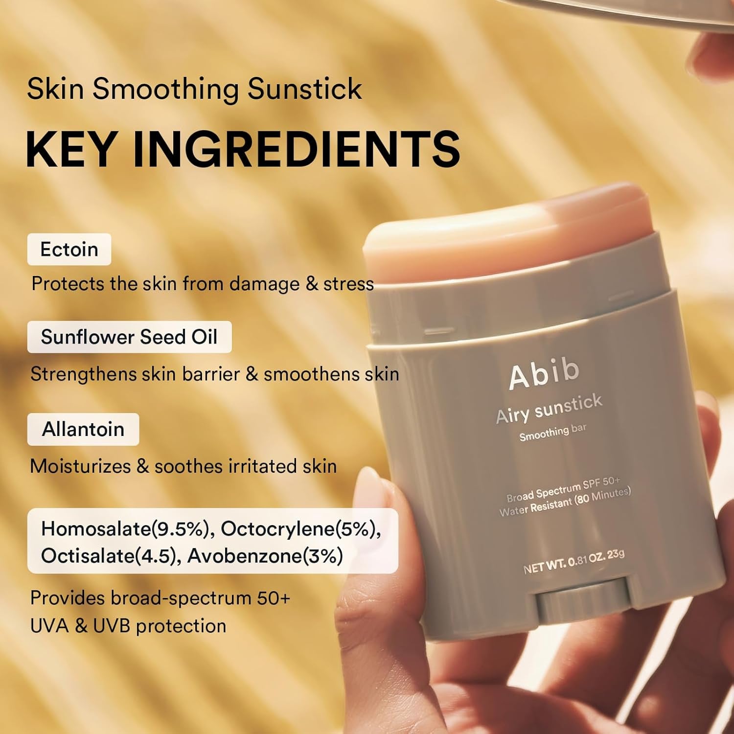 Airy Sunstick Smoothing Bar Broad Spectrum SPF50+ 0.81 Oz / 23 G (Semi- Matte) | Korean Suncreen Stick Suncare Sunblock, No Whitecast, Protector Solar Barra, Water Resistant