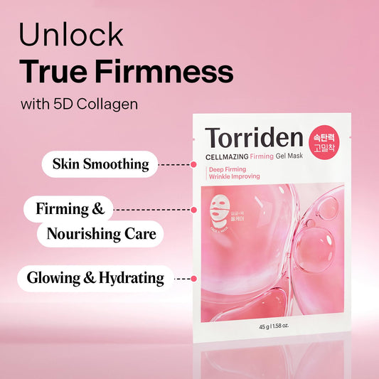 Torriden CELLMAZING Collagen Firming Gel Facial & Neck Sheet Mask (pack of 4) | Covering Neck Mask | 5D Collagen Complex, Amino Acid Complex, Peptide