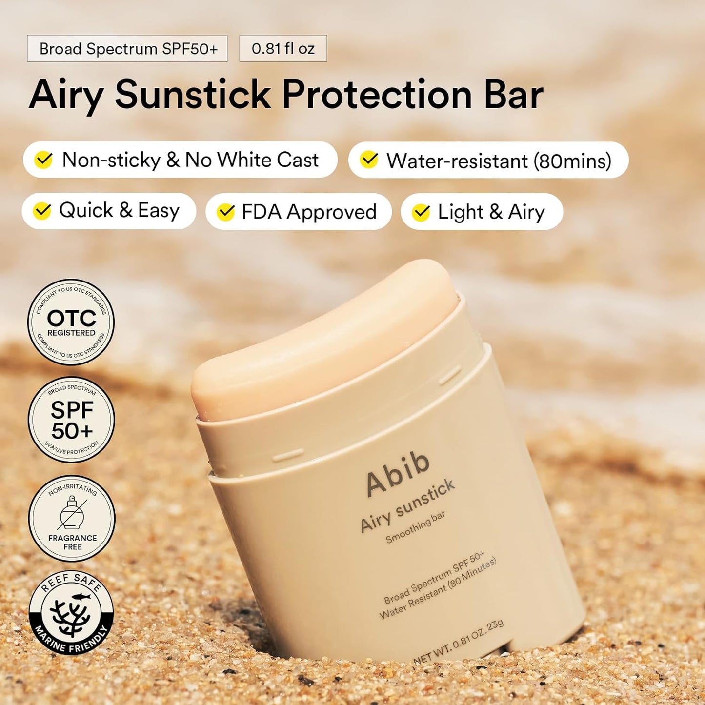 Airy Sunstick Smoothing Bar Broad Spectrum SPF50+ 0.81 Oz / 23 G (Semi- Matte) | Korean Suncreen Stick Suncare Sunblock, No Whitecast, Protector Solar Barra, Water Resistant