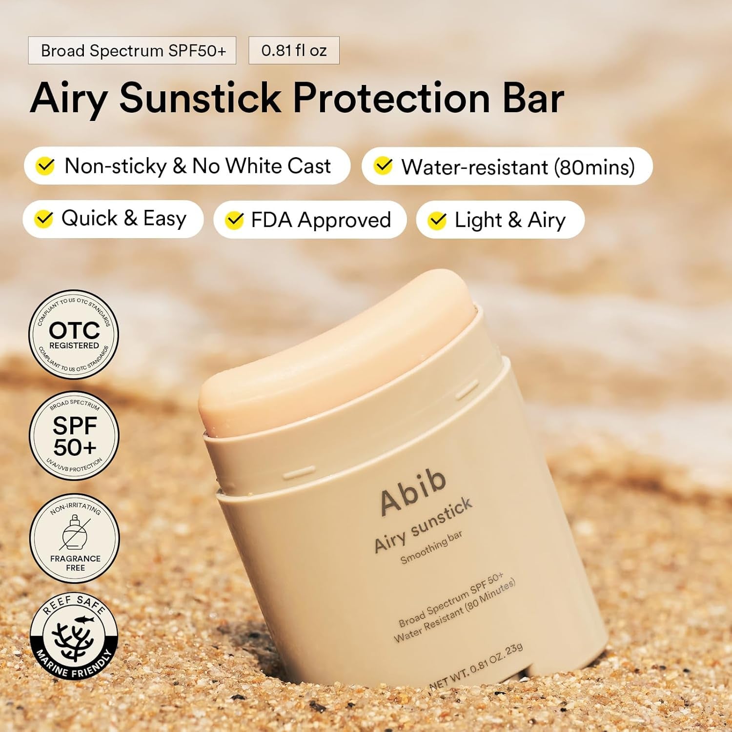 Airy Sunstick Smoothing Bar Broad Spectrum SPF50+ 0.81 Oz / 23 G (Semi- Matte) | Korean Suncreen Stick Suncare Sunblock, No Whitecast, Protector Solar Barra, Water Resistant