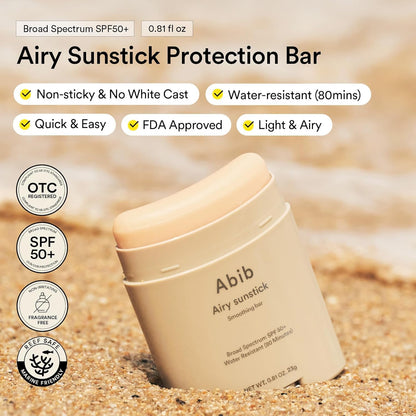 Airy Sunstick Smoothing Bar Broad Spectrum SPF50+ 0.81 Oz / 23 G (Semi- Matte) | Korean Suncreen Stick Suncare Sunblock, No Whitecast, Protector Solar Barra, Water Resistant