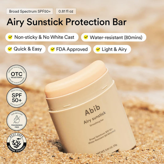 Airy Sunstick Smoothing Bar Broad Spectrum SPF50+ 0.81 Oz / 23 G (Semi- Matte) | Korean Suncreen Stick Suncare Sunblock, No Whitecast, Protector Solar Barra, Water Resistant