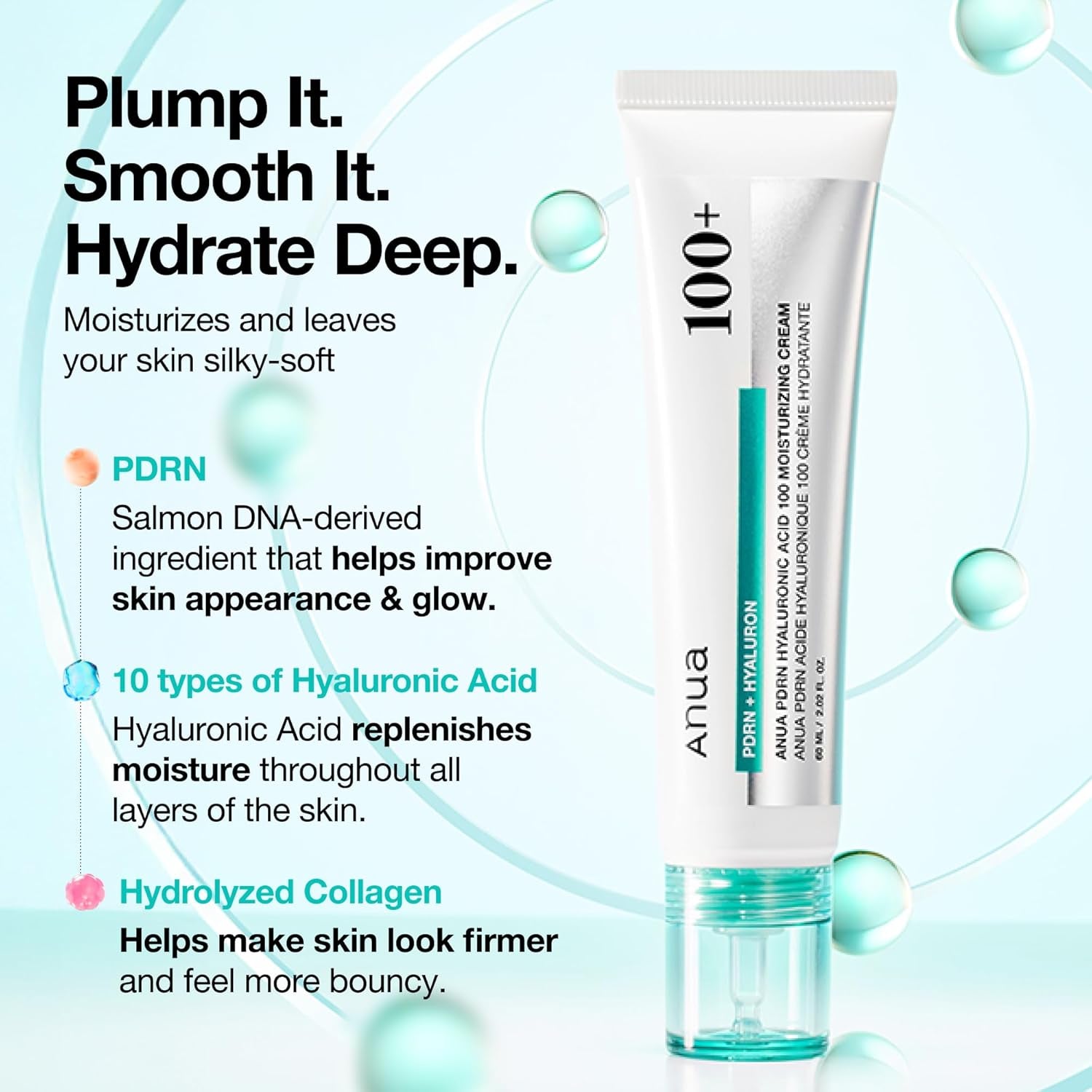 PDRN Hyaluronic Acid 100 Moisturizing Cream, Lightweight Hydrating Moisturizer with Salmon PDRN, Hyaluronic Acid, Collagen for Glass Skin, Korean Skin Care (60Ml / 2.02 Fl. Oz)