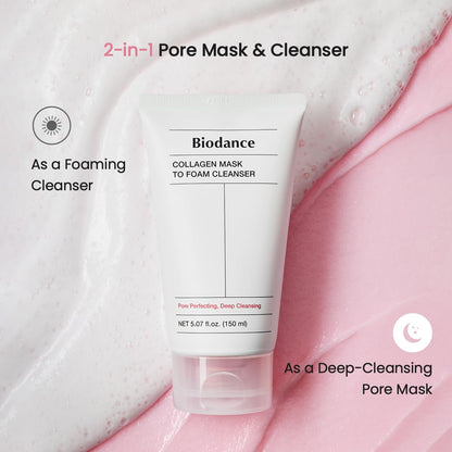 Collagen Mask to Foam Cleanser, Face Wash for Women, 2-In-1 Pore Mask and Hydrating Foaming Facial Cleanser for Sensitive Skin, Oily Skin, 5.07 Fl. Oz. (150 Ml)