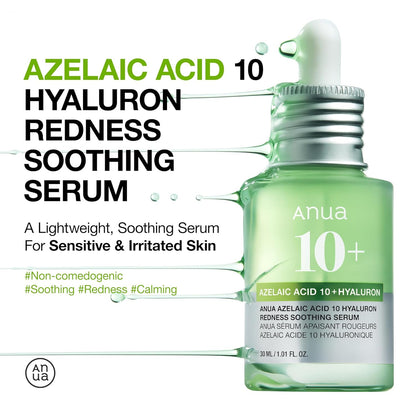 Azelaic Acid 10 Hyaluron Redness Soothing Serum, Facial Serum for Sensitive Skin, Hyaluronic Acid, Niacinamide, Spot Care, Natural Color, Vegan, Korean Skincare (30Ml/ 1.01 Fl Oz.)