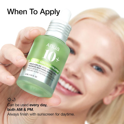Azelaic Acid 10 Hyaluron Redness Soothing Serum, Facial Serum for Sensitive Skin, Hyaluronic Acid, Niacinamide, Spot Care, Natural Color, Vegan, Korean Skincare (30Ml/ 1.01 Fl Oz.)